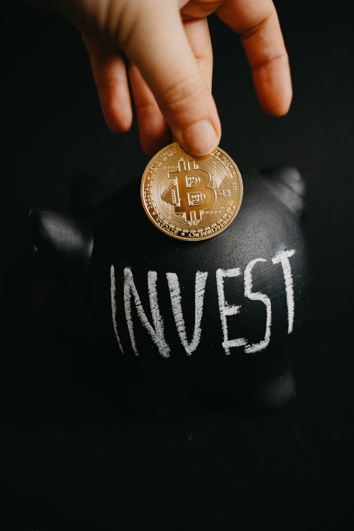 gallery-02 Gold bitcoin inserted into a black piggy bank labeled 'Invest', symbolizing cryptocurrency saving.